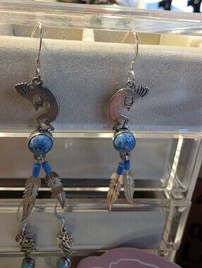 Silver Kokopelli Feather Drop Earrings with Blue Stone